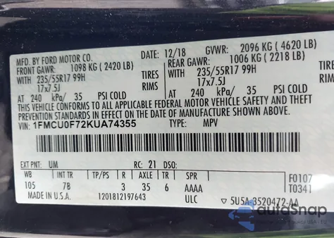 2019 Ford Escape S из США, поврежденный, VIN 1FMCU0F72KUA74355